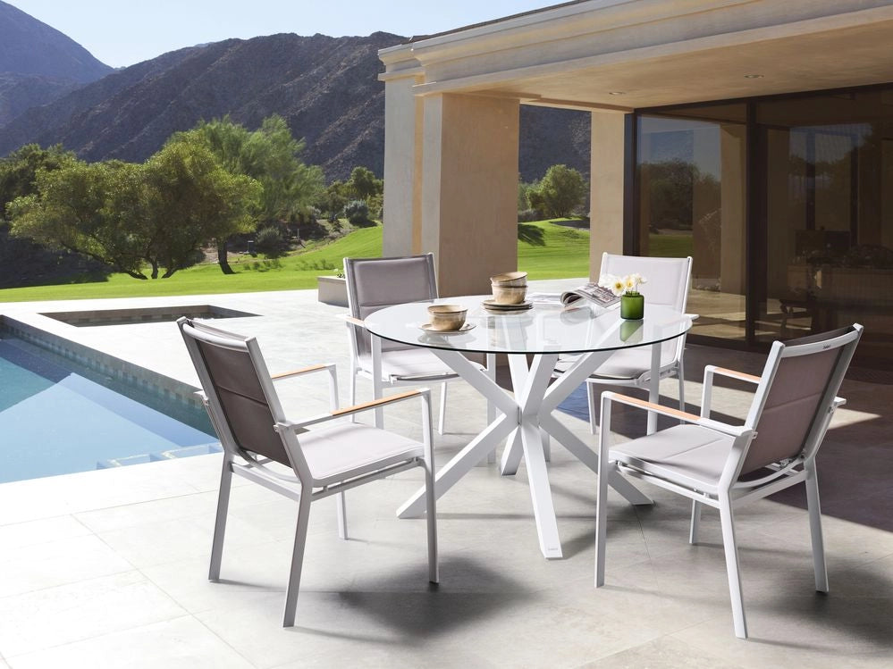 Tavolo da Pranzo da Giardino Bianco Gambe in alluminio Piano in Vetro Trasparente Rotondo ø 120 cm Outdoor Moderno