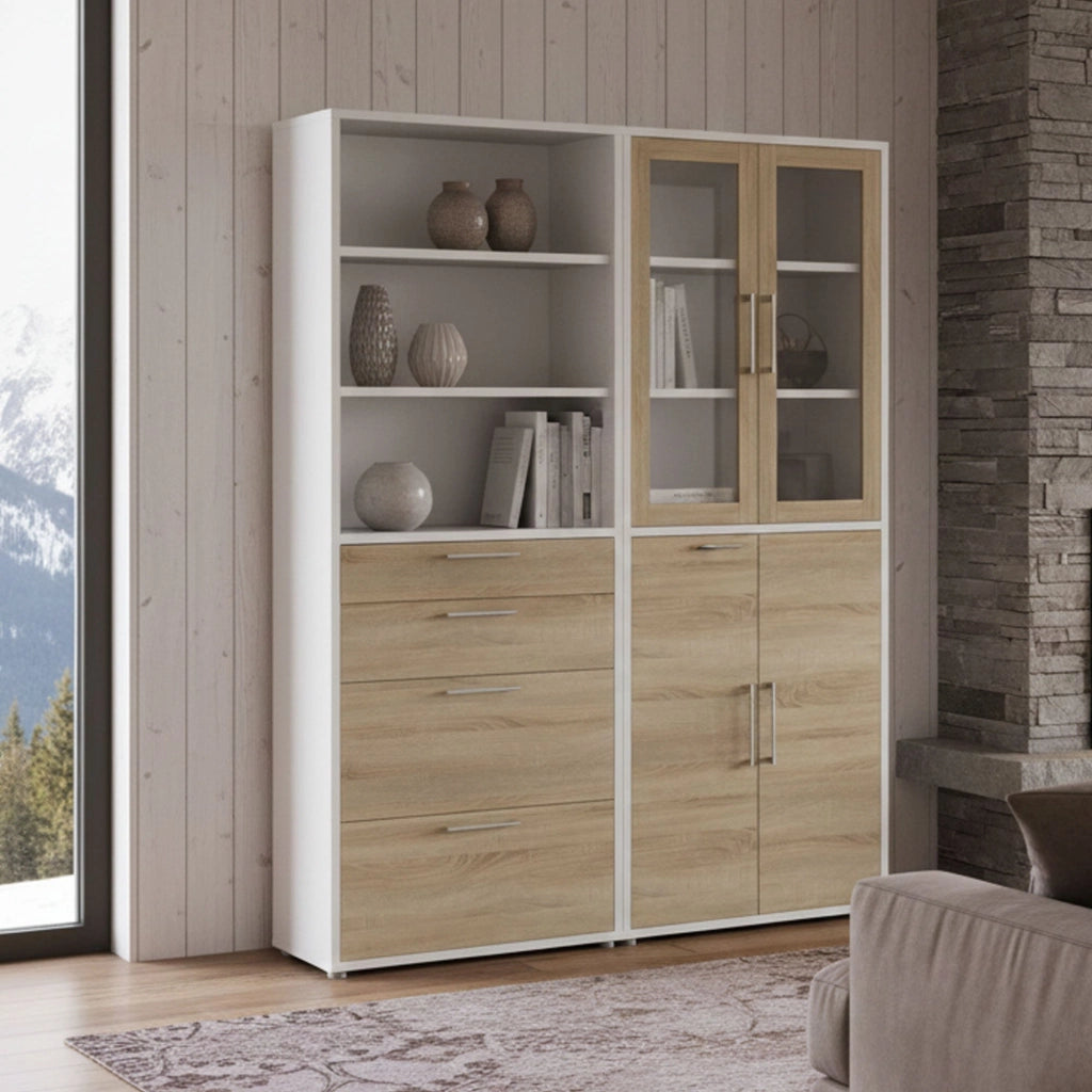 Credenza Embabane, Buffet da soggiorno, Madia da salotto, Dispensa da cucina, 178x40 h222 cm, Bianco e Quercia