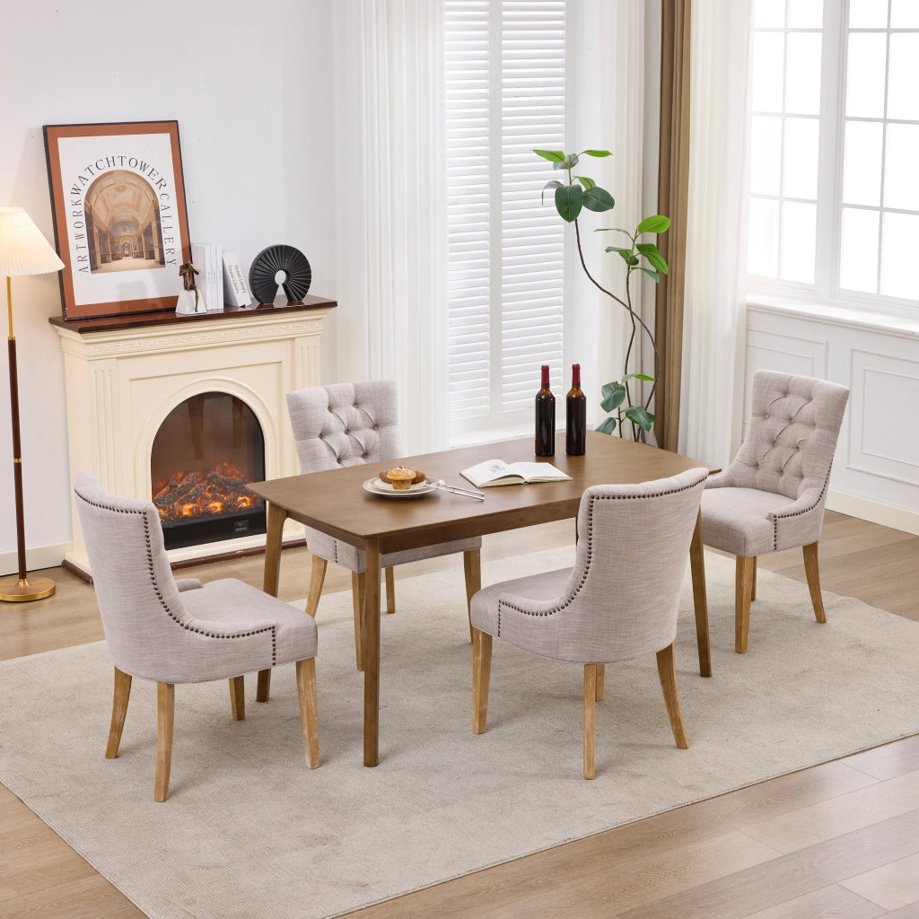 Sedia da Pranzo Imbottita con Schienale Imbottito e Gambe in Rovere, in Tessuto Beige
