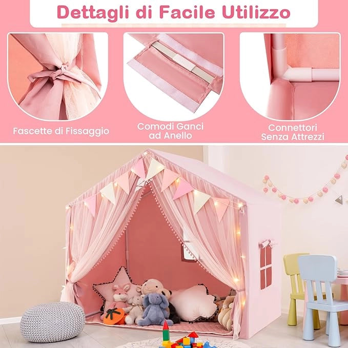 Tenda da Gioco per Bambini, Tenda Castello per 3-4 Bambini con Tende in Tessuto e Rete Luci a Stella e Finestre, Materassino in Cotone, per Bambini 3 Anni+, 146x96x133 cm (Rosa)