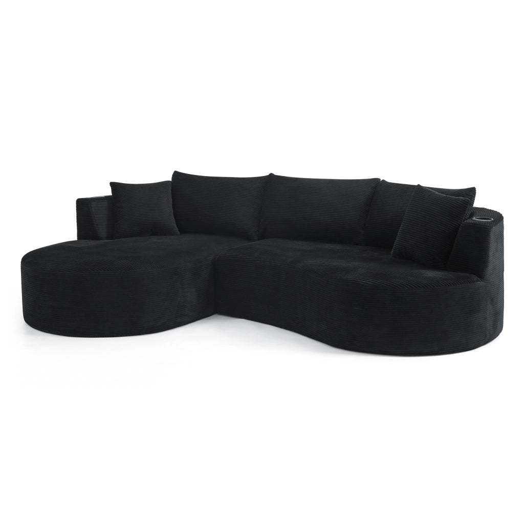 Divano 3 Posti con Chaise Longue Sinistra ¨C MINIMAL ¨C Tessuto a Coste, Nero, con Cuscini e Portabicchieri