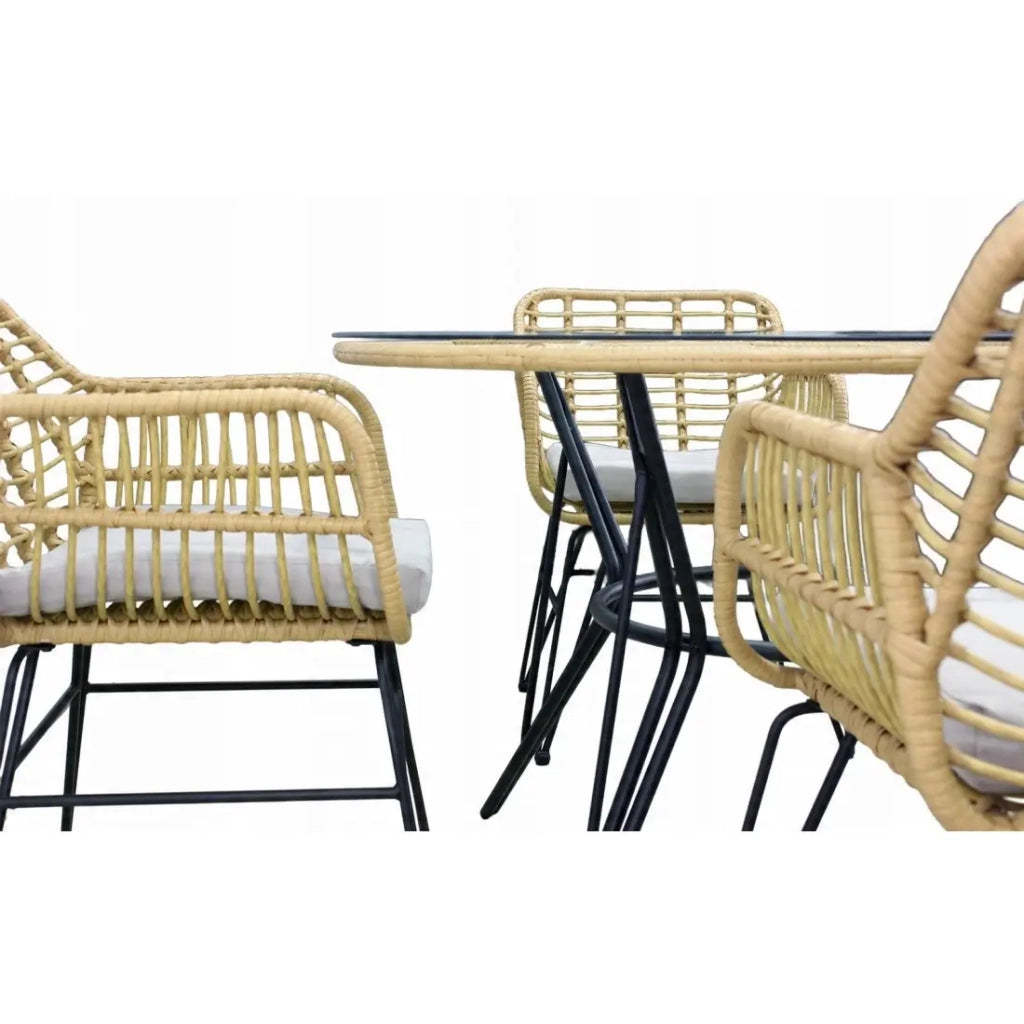 Salotto da giardino VALORIA 4 posti – Tavolo e 4 sedie in rattan marrone con cuscini grigi