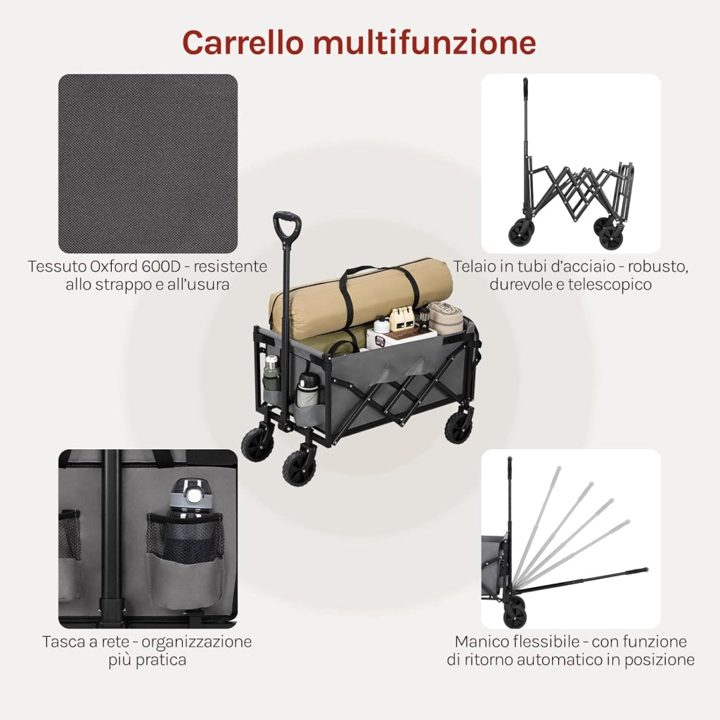 Carrello da Giardino Pieghevole con Ruote, 2 Portabicchieri, Pannello Posteriore Ribaltabile, Manico a Ritorno Automatico, Carrello Portata 150 kg, Telaio in Metallo, per Esterno, Grigio