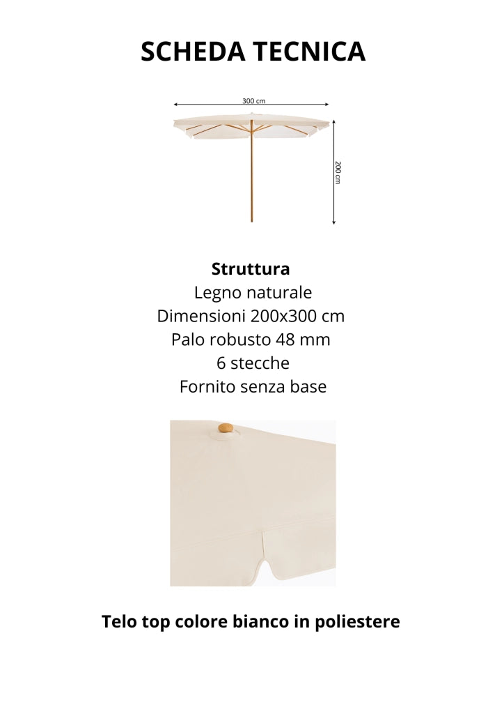 OMBRELLONE IN LEGNO MT.3X2 PALO MM 48 PER ARREDO GIARDINO E BORDO PISCINA