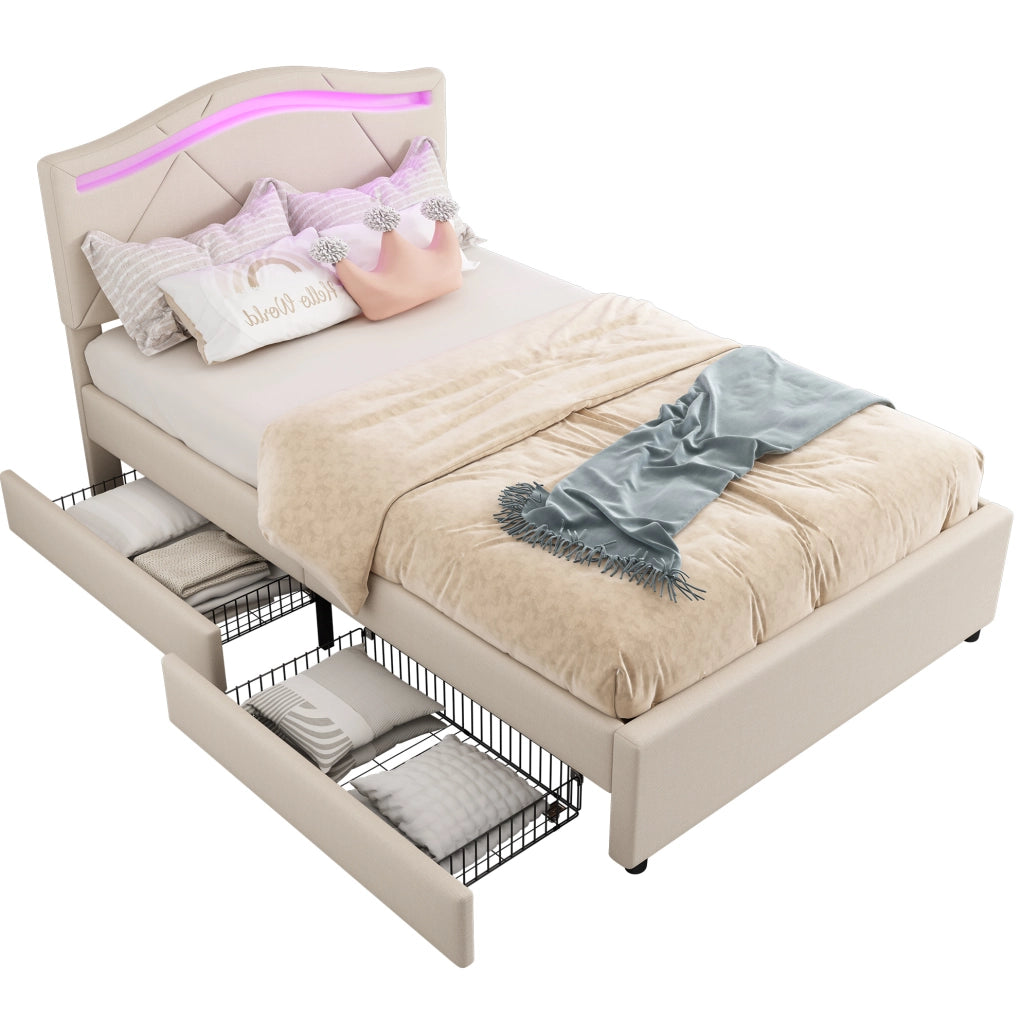 Letto 90x200 cm con LED; 2 cassetti e testiera regolabile in lino