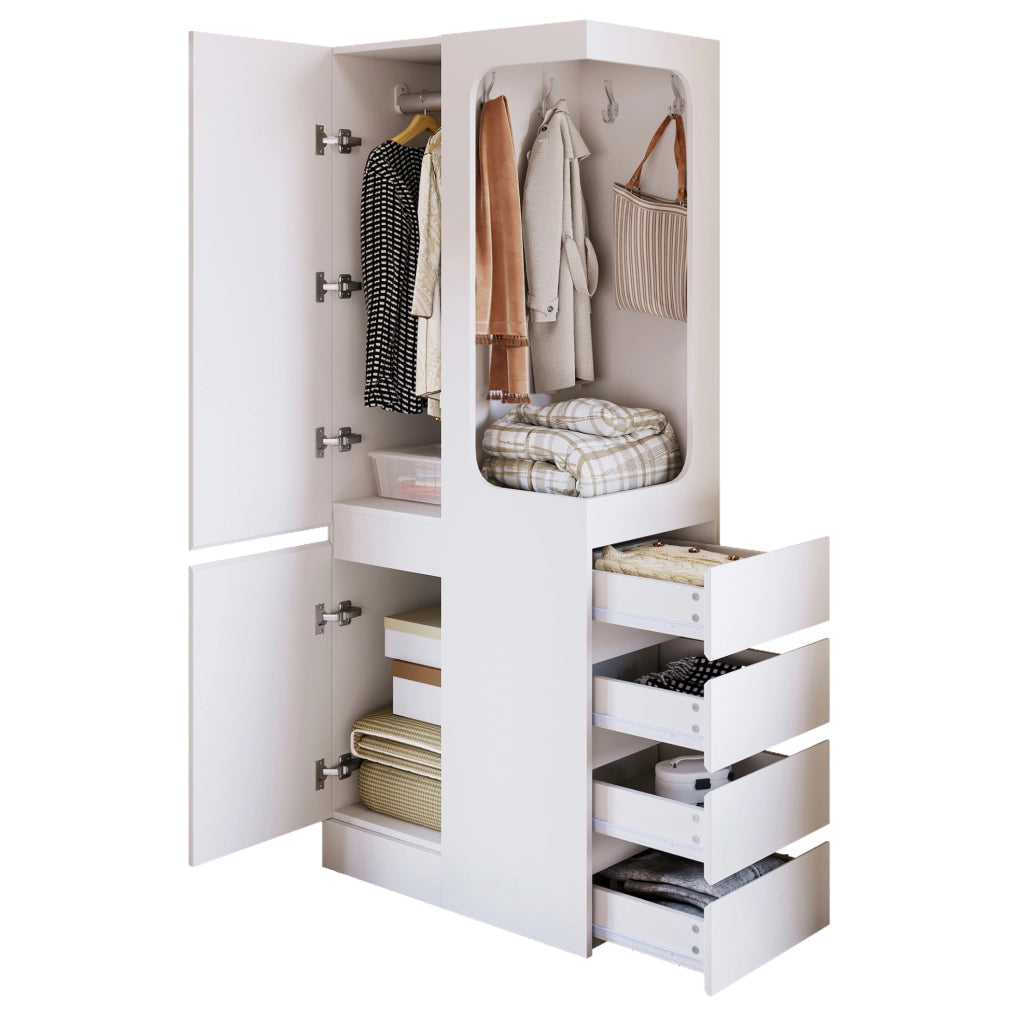 Armadio con 1 porta; 4 cassetti e vano appendiabiti 70x40x170 cm; bianco in legno