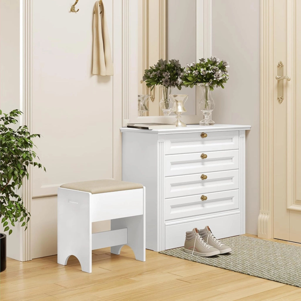 WOLTU Sgabello Per Toeletta da Trucco, Sedia da Make Up con Seduta Imbottita, 40x30x45cm, Sgabello per Camera da Letto, in Legno MDF e Lino, Bianco e Beige, MB6098be