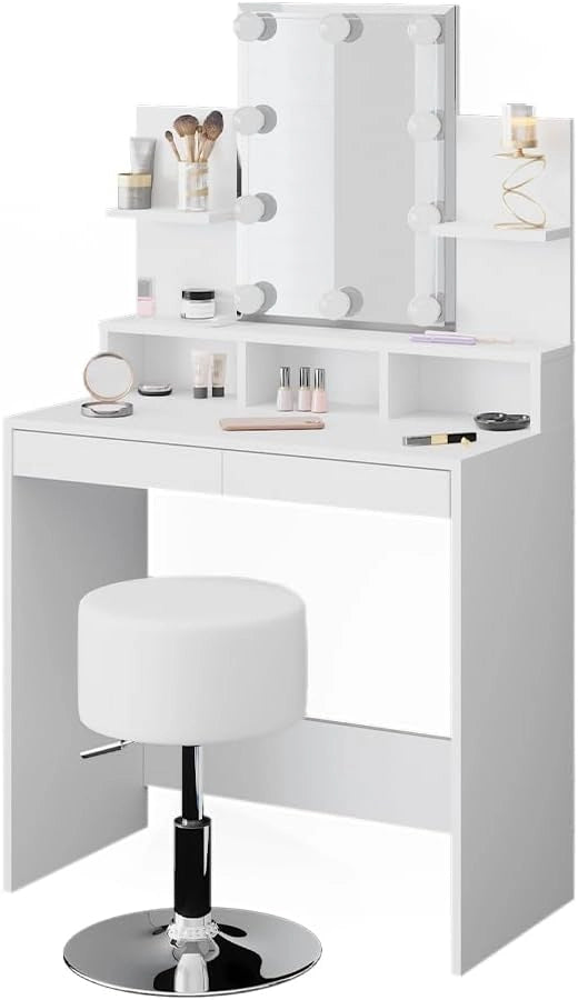 Tavolo da toeletta Ania, Bianco, 80 cm con illuminazione LED e sgabello, Salvaspazio e funzionale allo stesso tempo