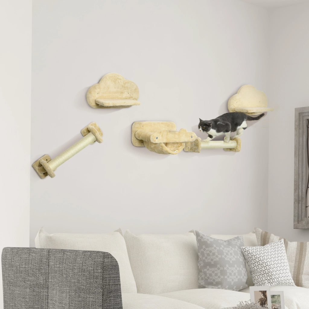 Tiragraffi per Gatti con 2 Alberi e 2 Piattaforme ¨C Zephmum ¨C 5 Pezzi in Tessuto Beige