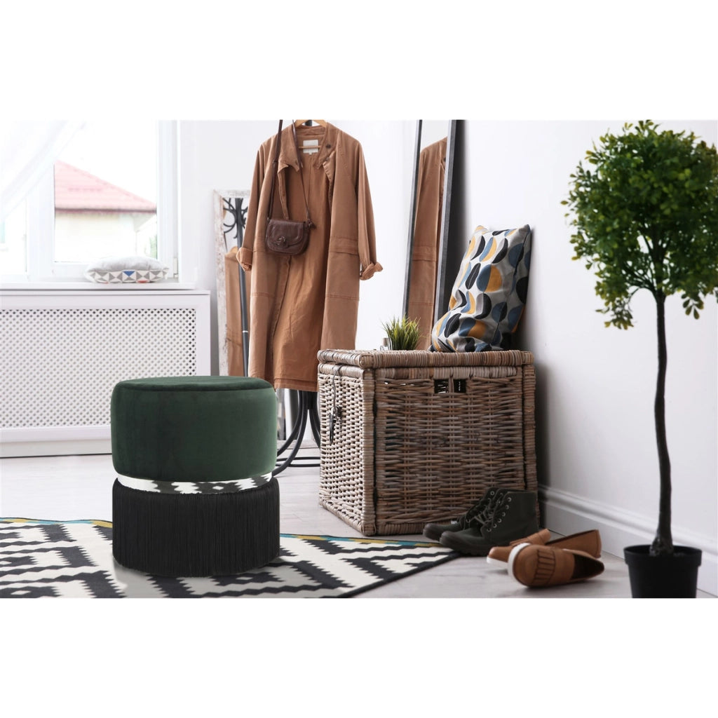 Pouf Rebecca in velluto verde scuro con frange e anello silver
