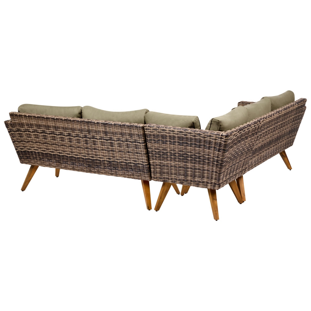 Set da giardino in rattan PE chiaro divano angolare 6 posti cuscini verde oliva tavolino da caffè stile country