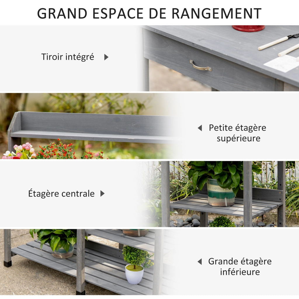 Tavolo da giardinaggio con cassetto, ripiani e lavello ¨C zephmum ¨C legno di abete grigio