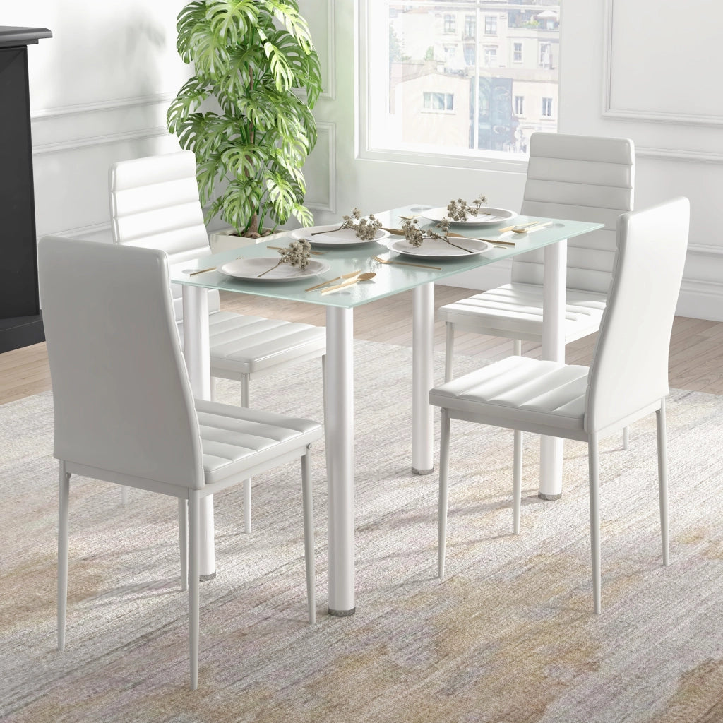 Tavolo da pranzo con 4 sedie ¨C Minimal ¨C Piano vetro temperato, gambe acciaio, bianco