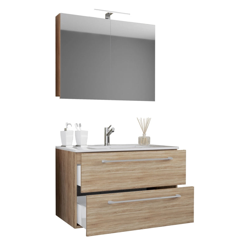 Completo di Ezooza Mobile Sospeso con 2 cassetti Large con lavabo in ceramica di alta qualità e mobile specchio, Rovere Sonoma ,