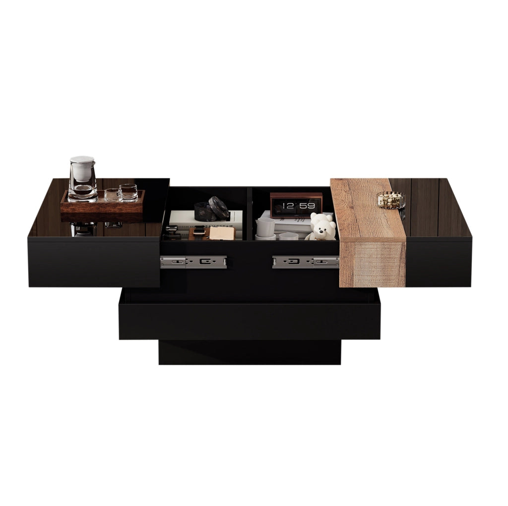 Tavolino da caffè quadrato 70 x 70 x 39 cm con piano estraibile e vano portaoggetti; nero in MDF