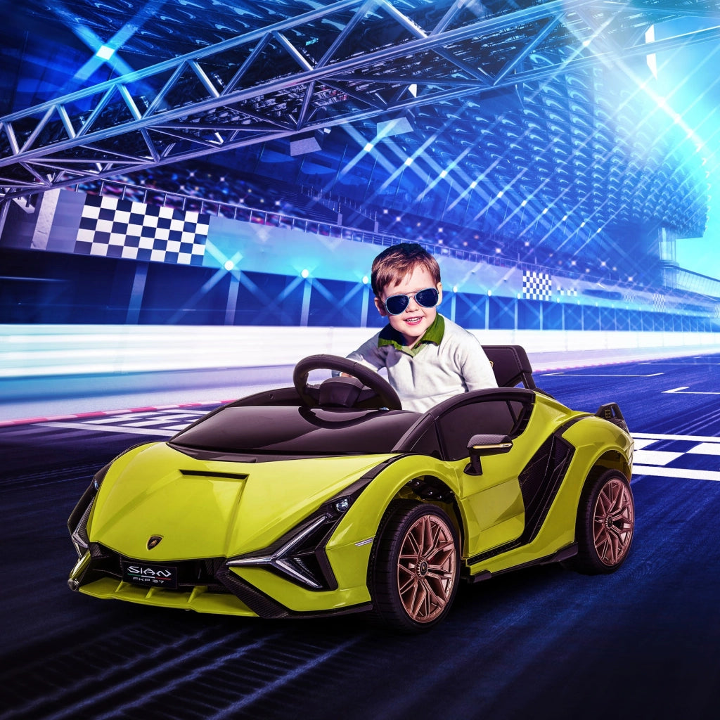 EasyComfort Lamborghini Macchina Elettrica per Bambini 12V con Fari e Musica, Telecomando e Velocità 3-5km/h, Età 3-5 Anni, 108x62x40cm, Verde