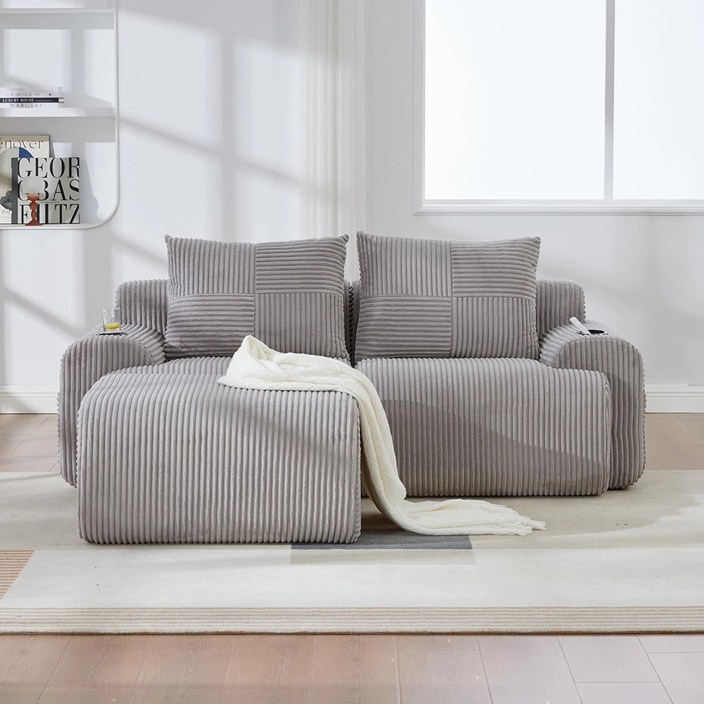 Canap¨¦ modulable in velluto costato per 2 persone - Xylo - Grigio chiaro con porta-bevande e tasche laterali