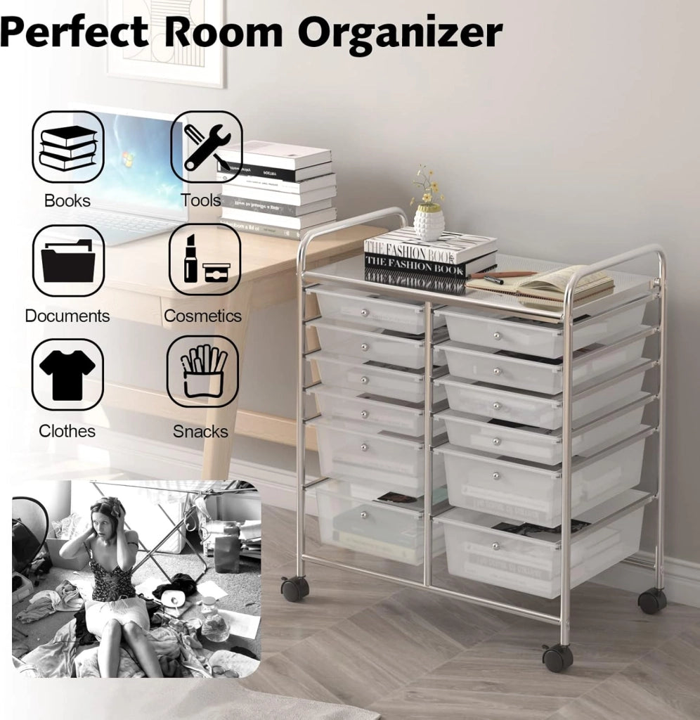 Carrello Portaoggetti con Ruote, 12 Cassetti Rimovibili, Carrello a Rotelle per Soggiorno, Ufficio, Camera da Letto, 64x38x75 cm, 3 Colori