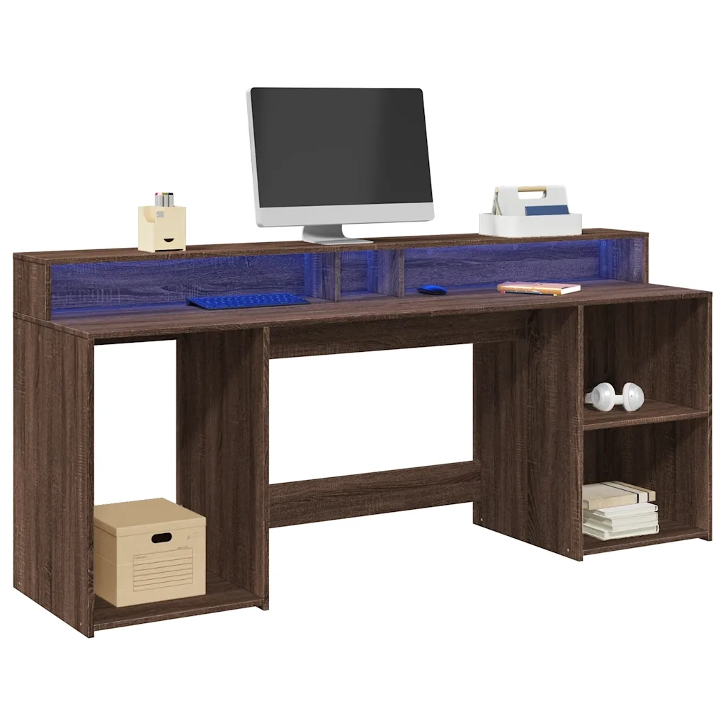 Scrivania | Tavolo da Ufficio con Luci LED Marrone Rovere 200x55x91 cm Truciolato