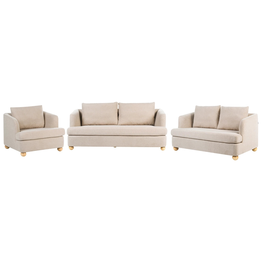 Set da salotto a 6 posti, rivestimento bouclé beige, gambe rotonde in legno con braccioli,set composto da divano e poltrona
