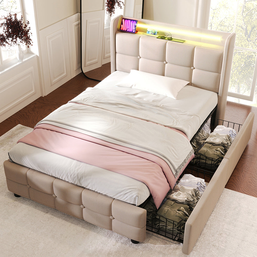 Letto imbottito 90x200cm - Xylo - Beige - 2 cassetti, USB, testiera LED