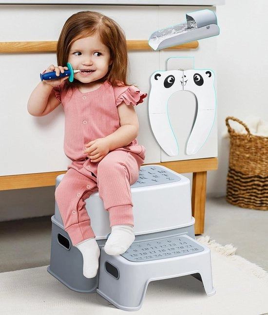 Sedia alta per bambini, 2 gradini, antiscivolo, sedia alta per bambini, sedia alta per neonati, bambini e piccoli, con visiera per il bagno per bambini, estensione per rubinetto (grigio)