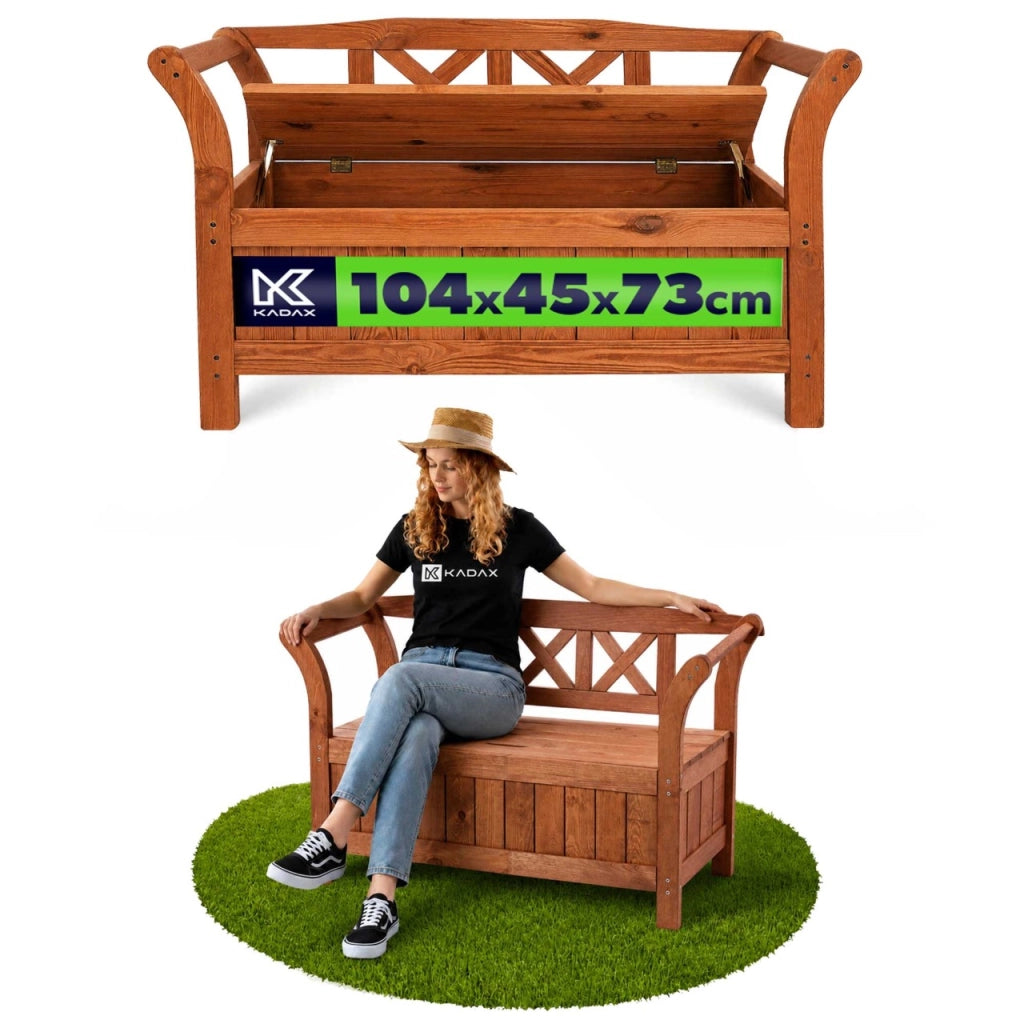 Panchina da giardino in legno KADAX con schienale, 119 cm, per terrazzo, con contenitore in rovere