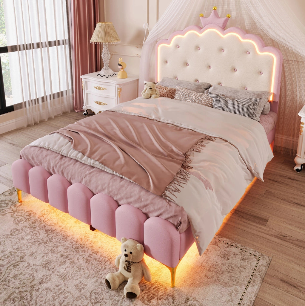 Letto per bambini a forma di corona, 140x200 cm, con rete a doghe, luci LED e struttura in PU rosa