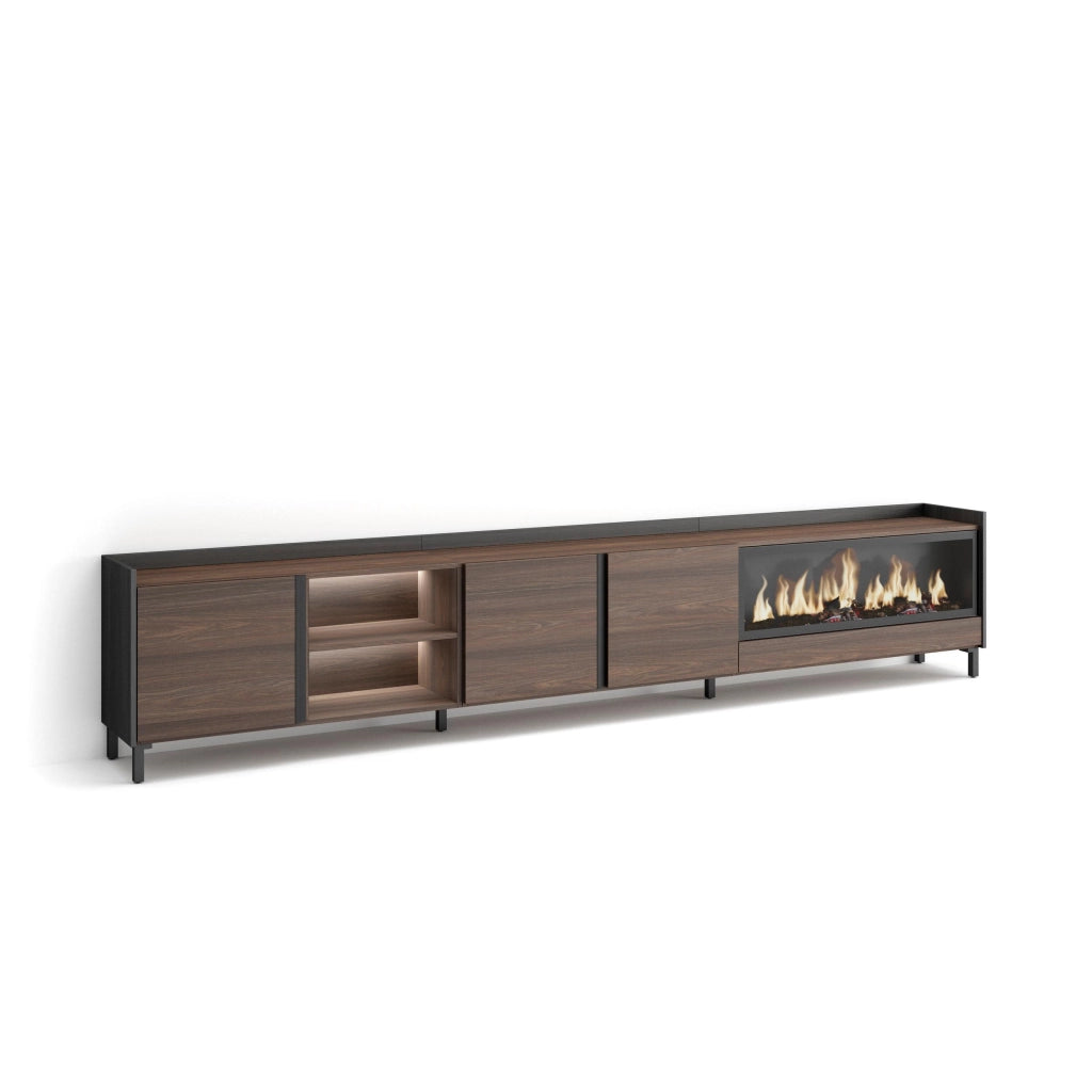 Mobile TV Soggiorno, 315x61x35 cm, Per TV fino a 80", Camino elettrico XXL, Design industriale, LED, Rovere scuro e Nero