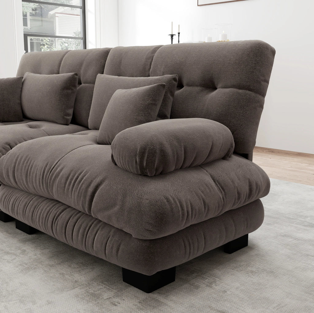 Divano modulare in chenille con ottomani mobili; marrone