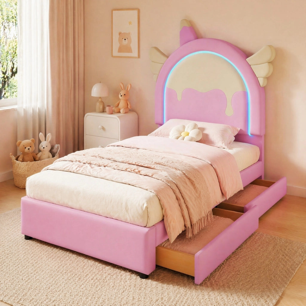 LETTO 90x200 cm in PU Rosa con 2 cassetti e barra luminosa multicolore