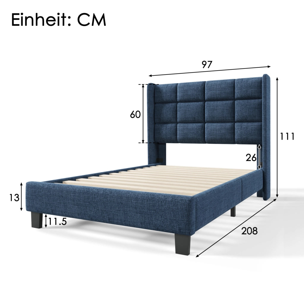 Letto singolo 90x200 cm con testiera imbottita e rete a doghe; lino blu
