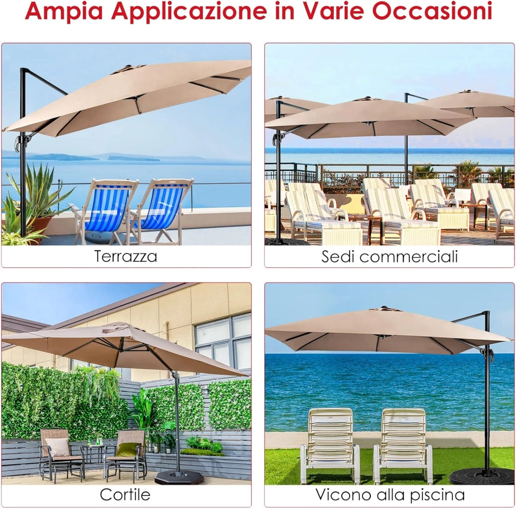 Ombrellone da Giardino, 300 x 300 cm, Ombrellone da Esterno con 3 Inclinazioni, Rotazione a 360°, Manovella, 8 Stecche, Base Incrociata (Caffè)