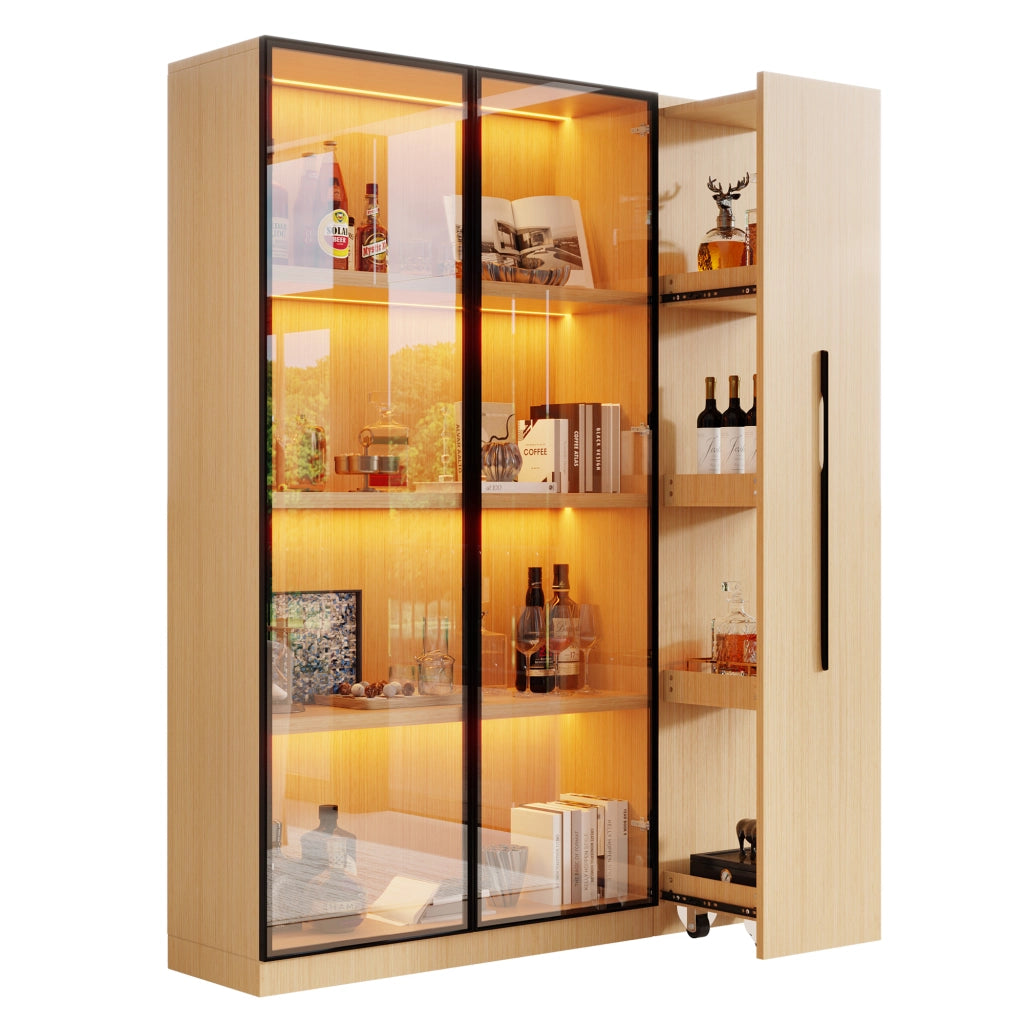 Armadio multifunzione 110,5×35×160 cm con vetrina in vetro e LED, scaffale laterale estraibile, rovere