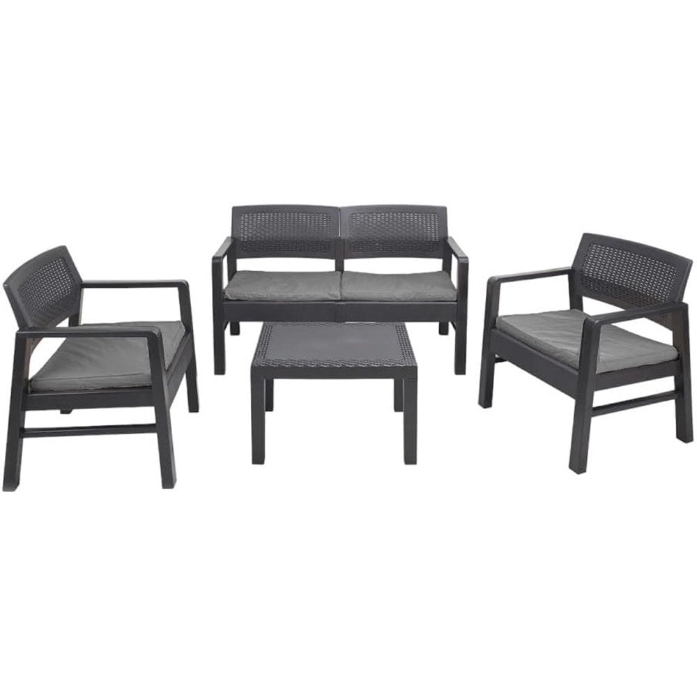 Trade Shop - Set Salotto Giardino Esterno Con Divano 2 Poltrone Tavolino Effetto Rattan Con Cuscini - Antracite