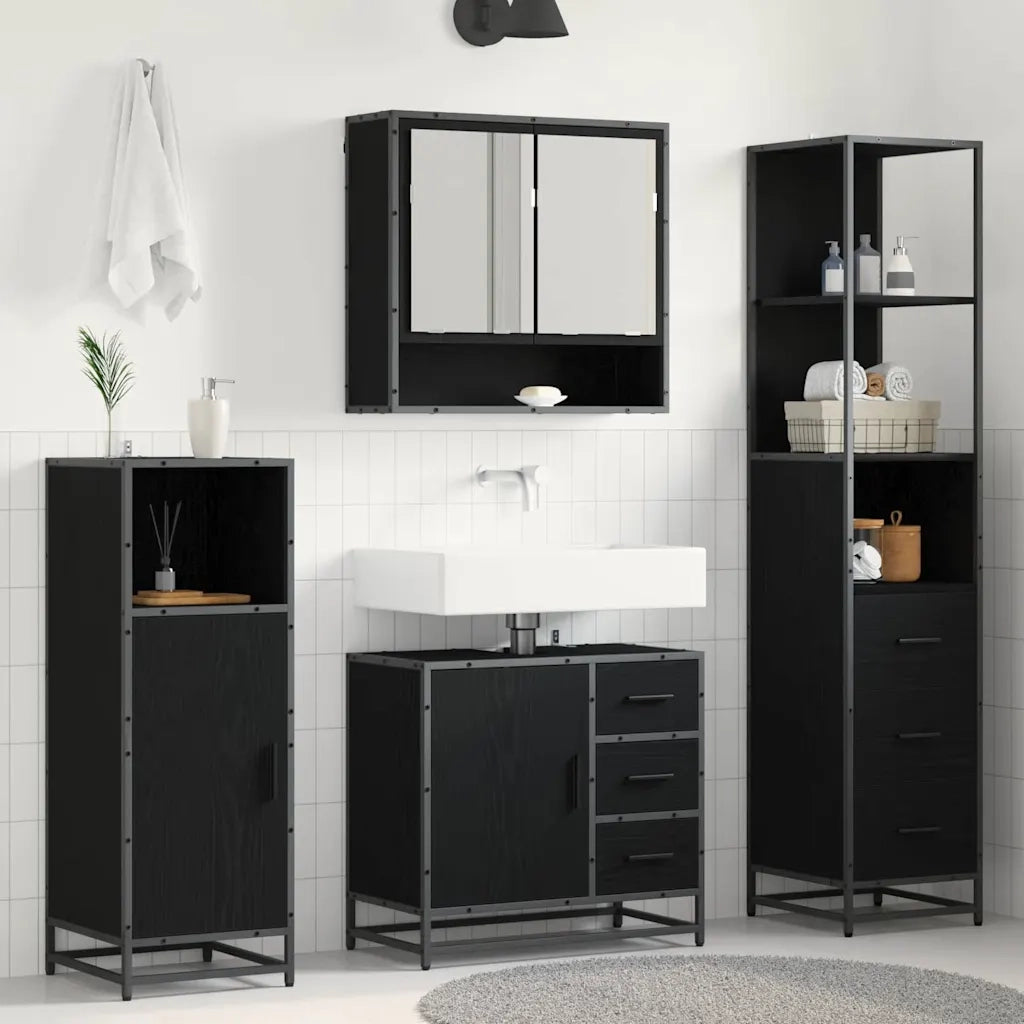 Set di mobili per il bagno 3 pcs Rovere Nero Legno multistrato