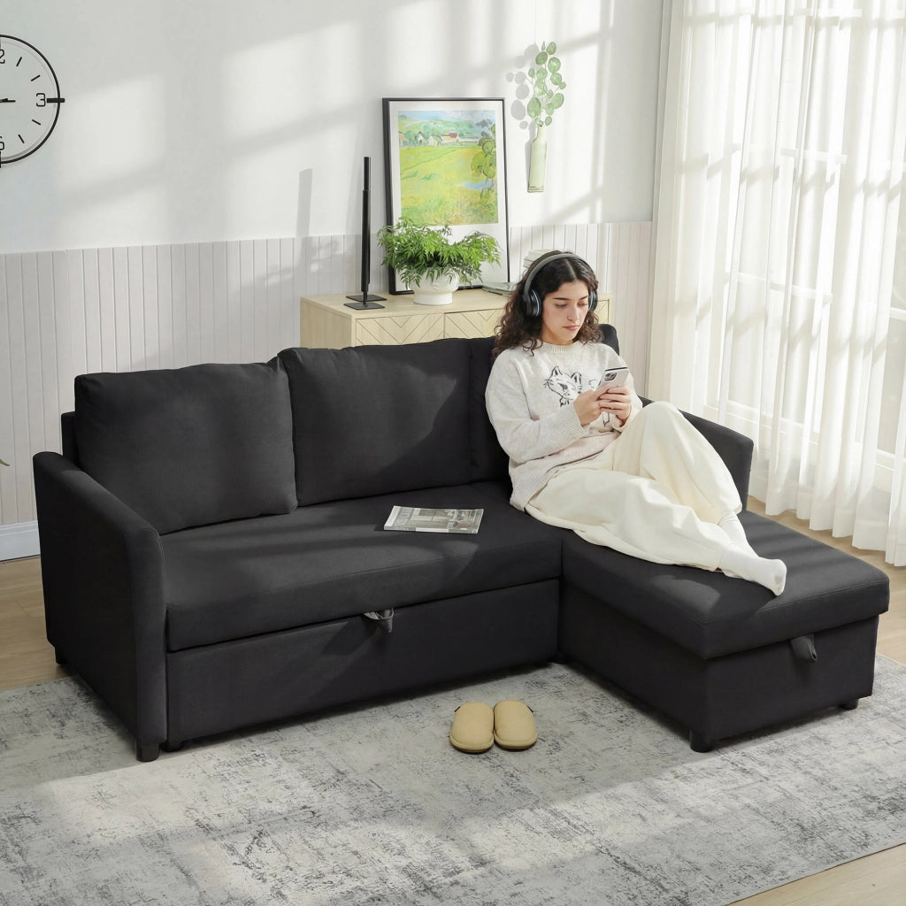 Divano Letto con Chaise Longue 192x148x86 cm con Vano Portaoggetti a Scomparsa Effetto Lino Grigio Antracite