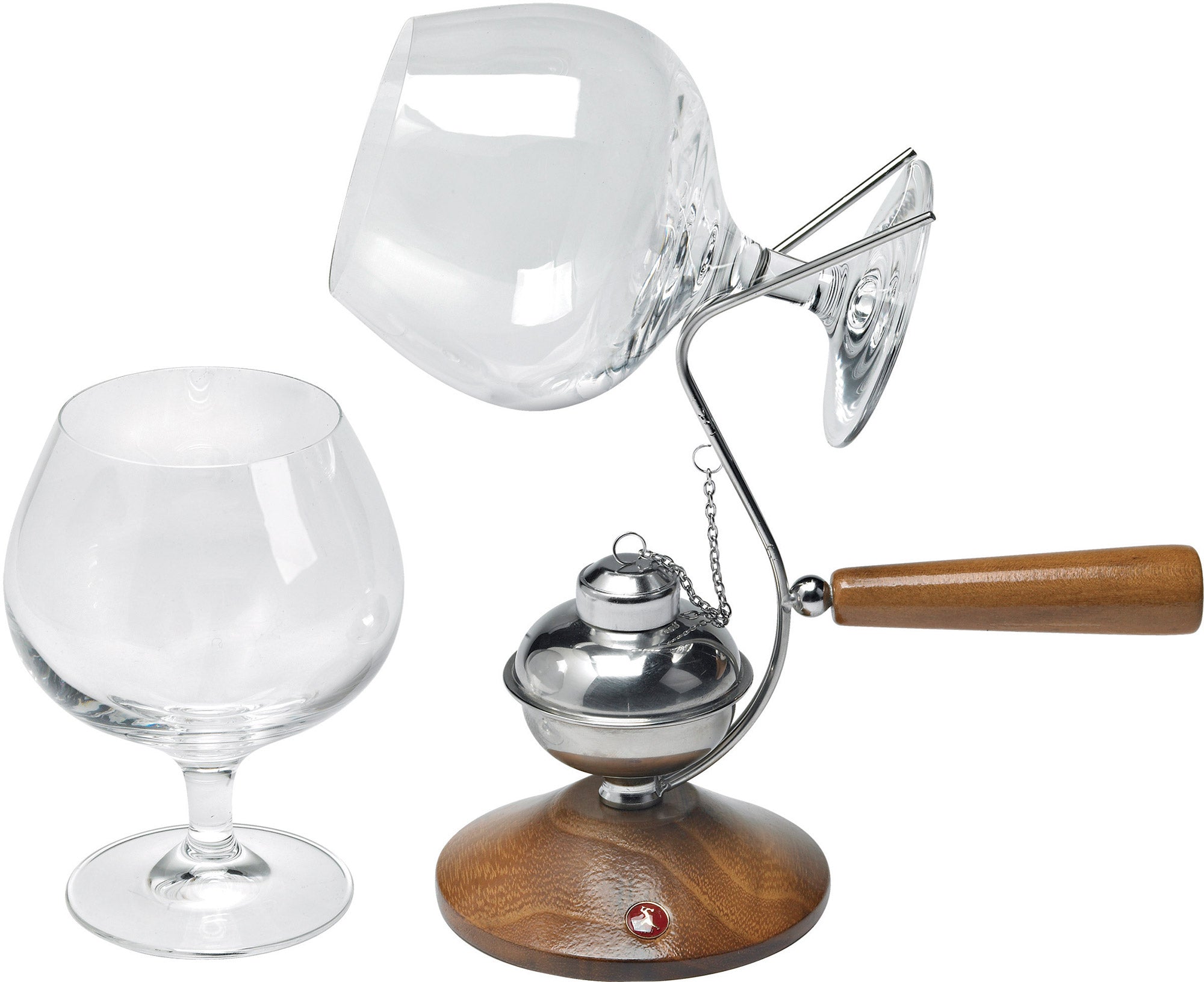 Set Scaldacognac in Legno con Fornello in Silver Plate e 2 Calici Alexander