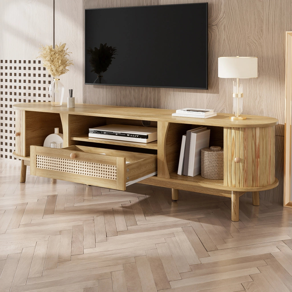 Mobile TV con Ante Scorrevoli e 2 Cassetti in Rattan; Stile Country; in MDF; 165??37??46 cm; Naturale