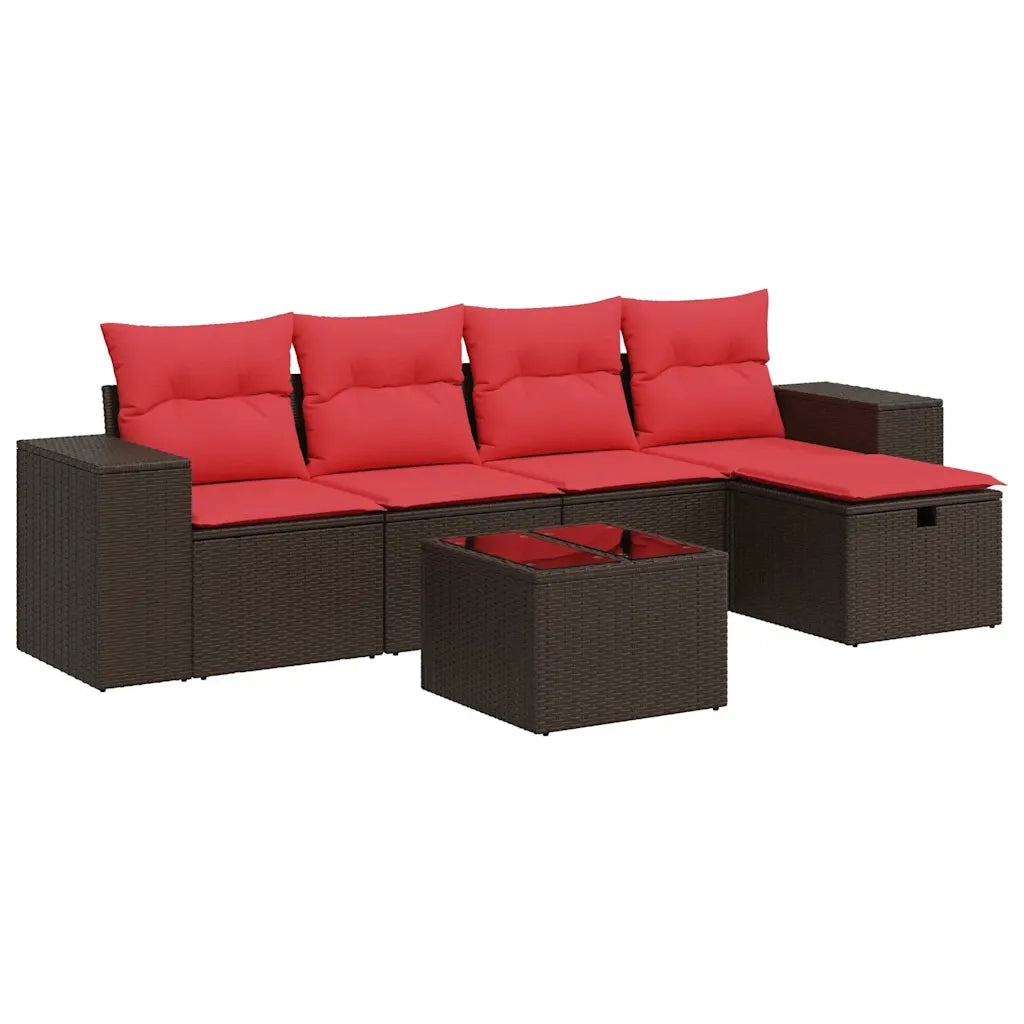 Set Divano da Giardino 6 pz con Cuscini Marrone in Polyrattan