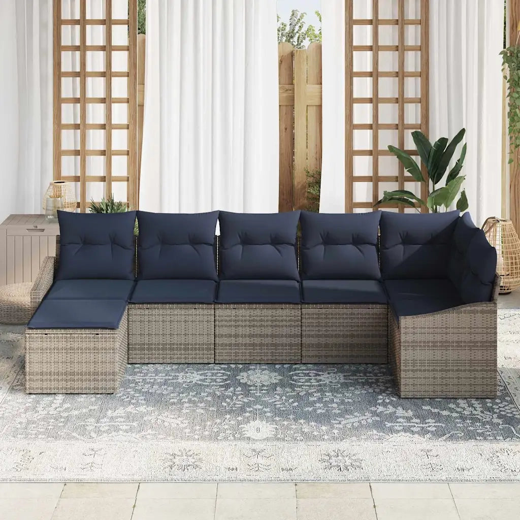 Set Divano da Giardino 7 pcs Grigio e Blu Navy polyrattan