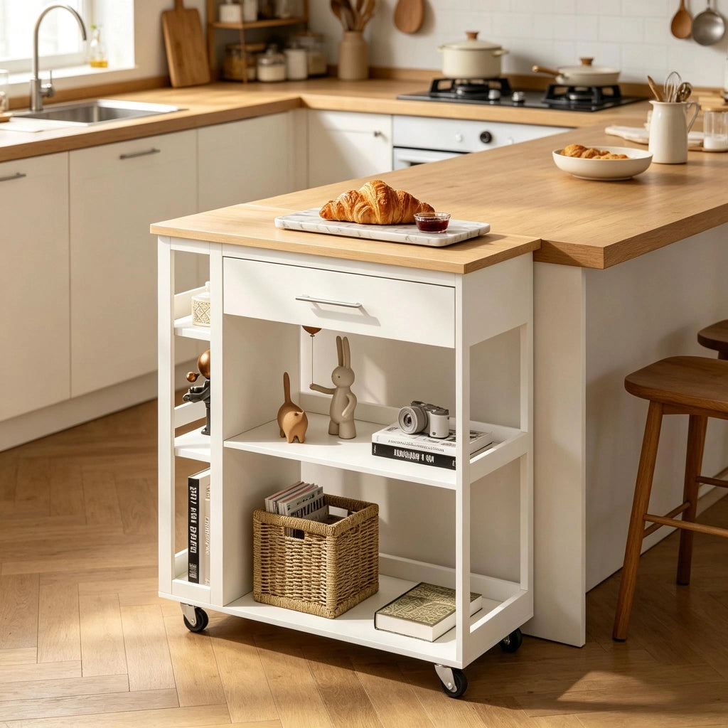 Carrello da cucina con ruote in MDF bianco effetto legno 73x38x88 cm con cassetto e ripiani aperti