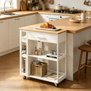 Carrello da cucina con ruote in MDF bianco effetto legno 73x38x88 cm con cassetto e ripiani aperti