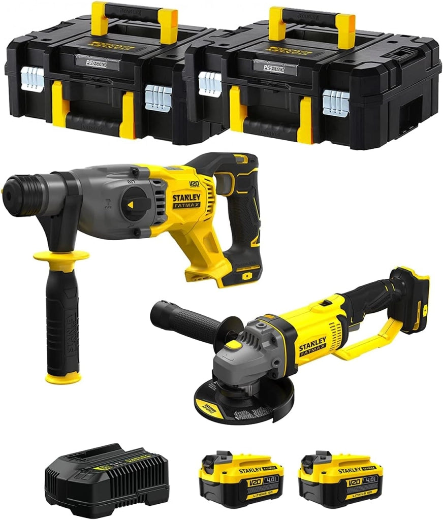 STANLEY FatMax Kit SVK203 (Tassellatore SFMCH900 + Smerigliatrice SFMCG400 + 2 Batterie 4,0 Ah + Caricabatteria + 2 x TSTAK II)