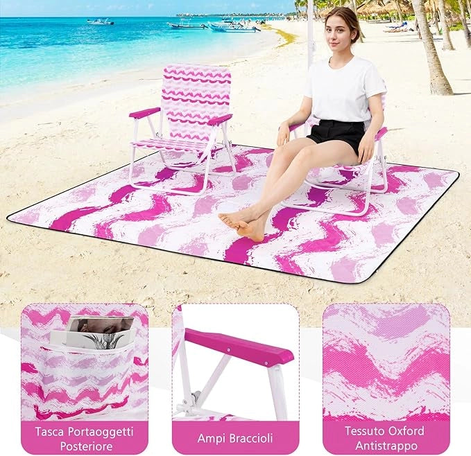 Set da Spiaggia di 4 Pezzi con Ombrellone, 2 Sedie Pieghevoli, Coperta da Picnic, Parasole Portatile per Esterni con Meccanismo di Inclinazione, Portabicchieri, Braccioli