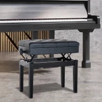Sgabello per Pianoforte Trapuntato con Vano Contenitore, in Legno e Pelle PU, 54.5x33x48-58 cm, Nero
