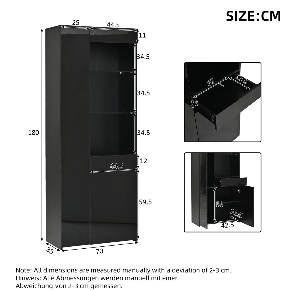 Vetrina alta nera 70x35x180 cm con LED, 2 ante, cassetto e ripiani in vetro