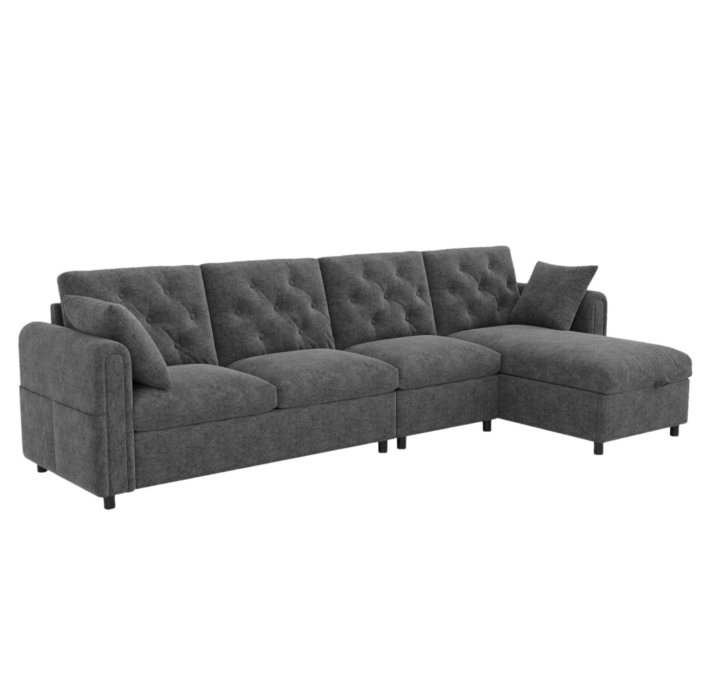 Divano angolare a L grigio con letto e contenitore 281x132 cm
