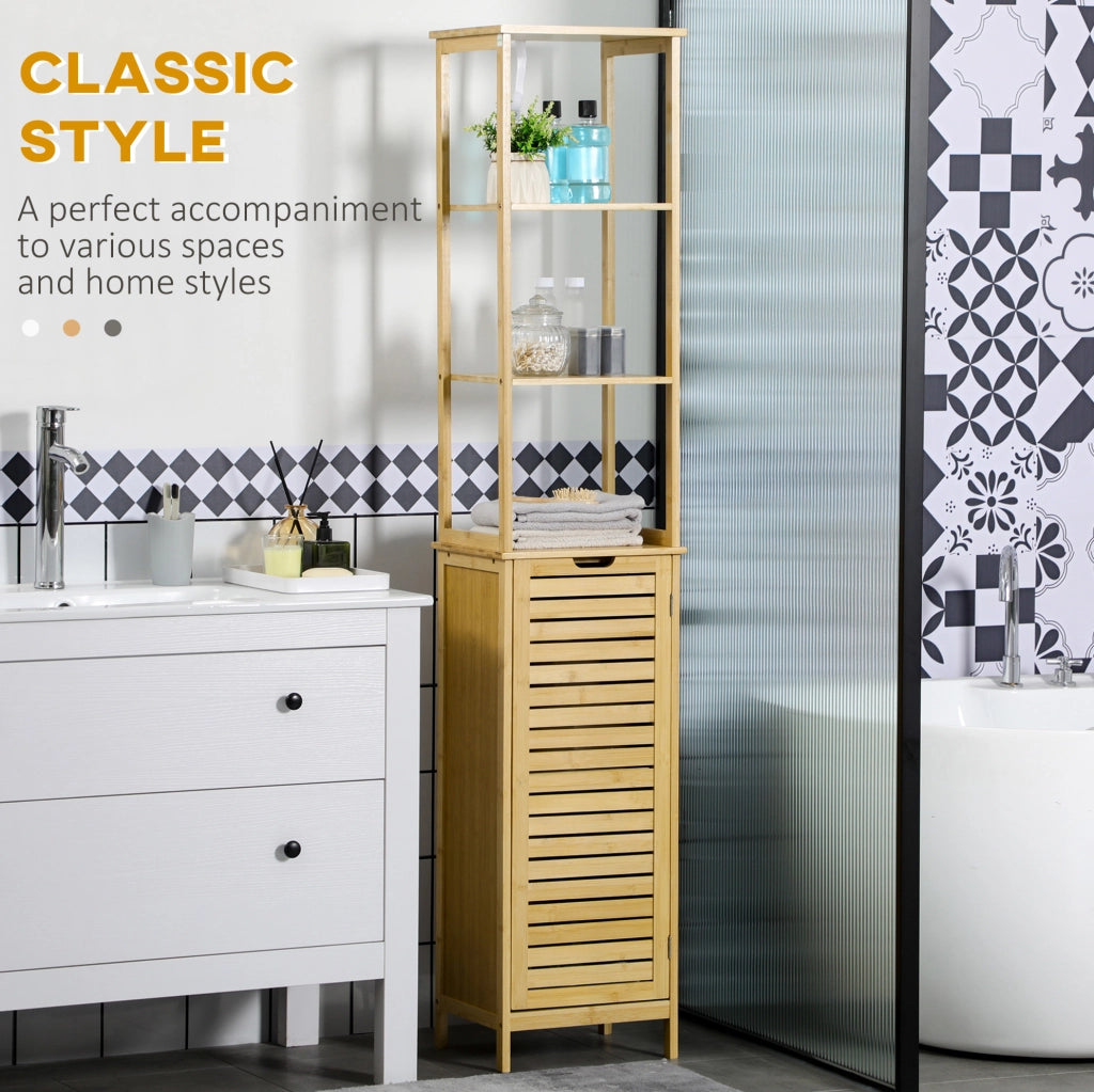 Mobiletto da bagno in bambù 34x30x173 cm con 3 ripiani aperti e 1 anta, stabile e salvaspazio