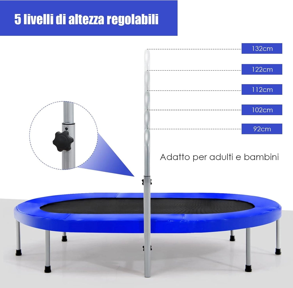 Trampolino Elastico da Interno ed Esterno, Tappetino Elastico Pieghevole per Adulti e Bambini con Maniglia Regolabile, Molle e Cuscinetto di Sicurezza, Trampolino Ovale per 2 Persone, Blu